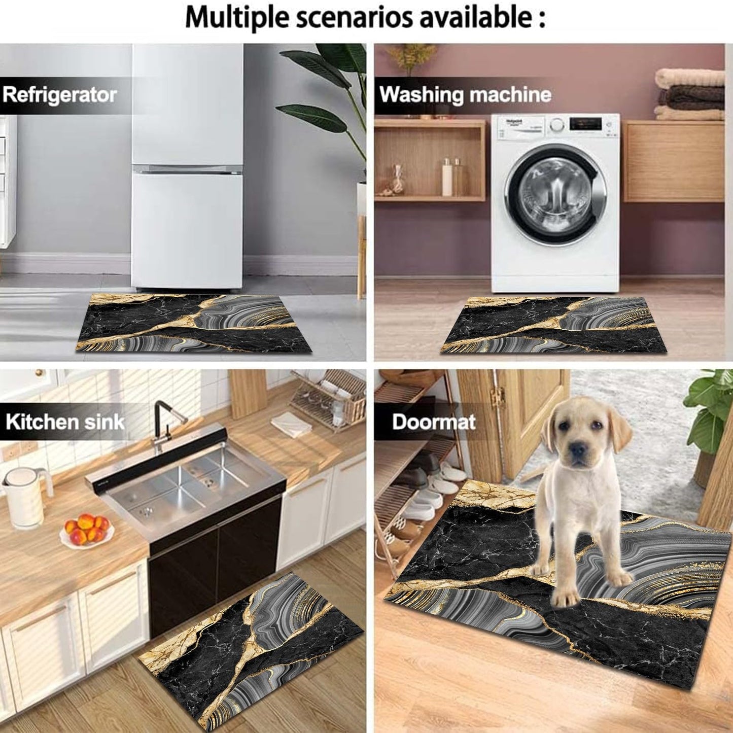 MUGINYU Black and Gold Rug for Bathroom Decor,Black and Gold Bathroom Rugs Sets 3 Piece,Marble Decor Thin Rubber Diatomaceous Earth Quick Dry Rugs with U-Shaped Contour Toilet Mat