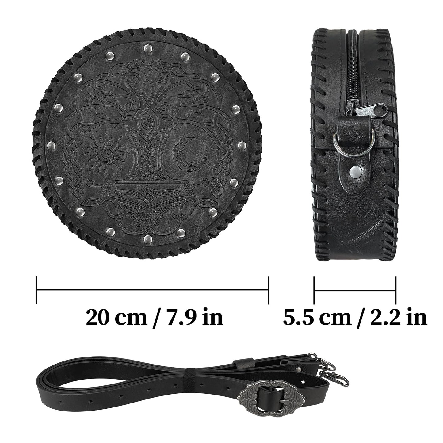 HiiFeuer Viking Embossed Crossbody Bag, Nordic Faux Leather Belt Bag Satchel Bag, Medieval Portable Cosplay Shoulder Bag (Black B)