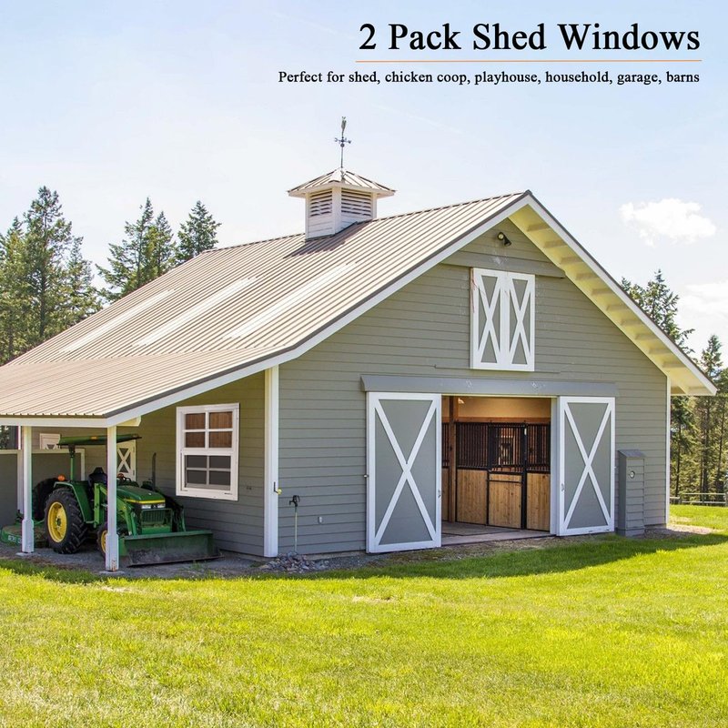 2 Pack Shed Window, 12" x 16" Sliding Windows Flush Mount with Tempered Glass and Fiberglass Screen for Shed, Chicken Coop, Barn, Playhouse, Household, Garage