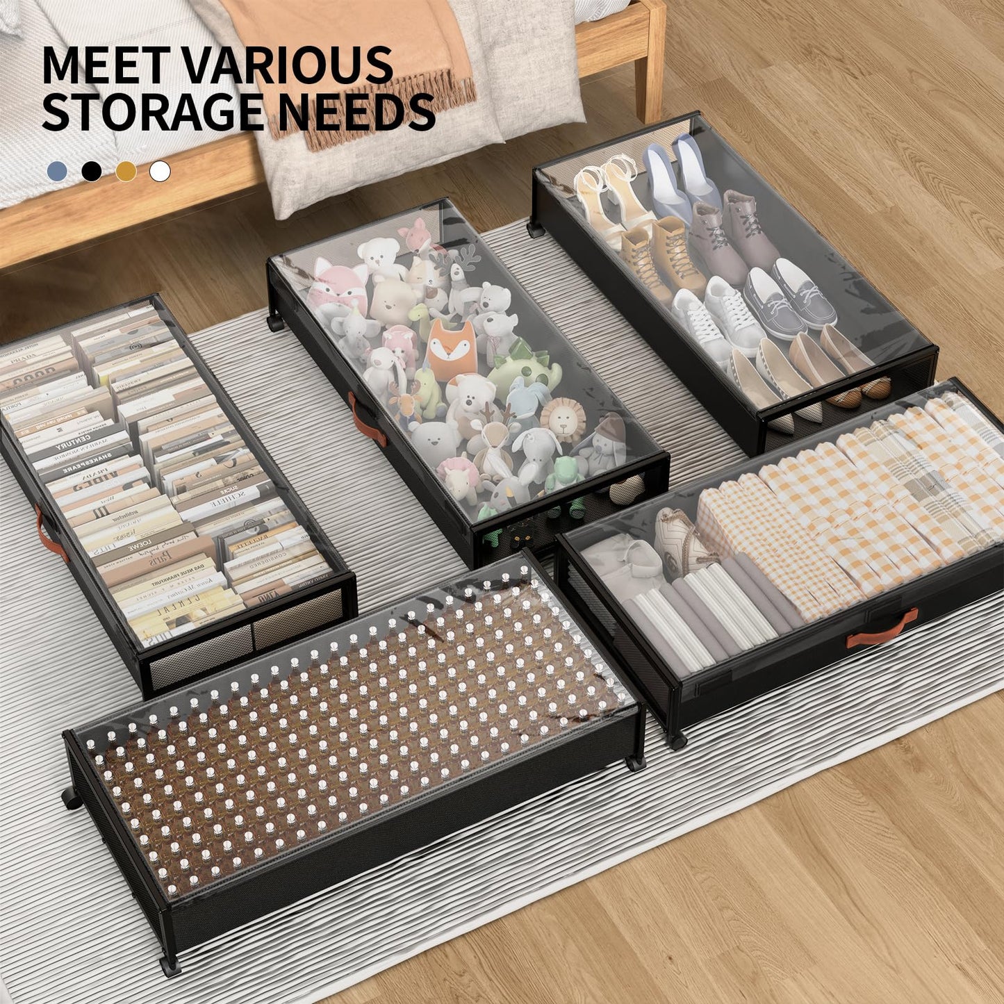 Under Bed Storage Containers with Wheels Large Underbed Shoes Blankets Clothes Toy Storage Drawers for College Dorms Bedrooms Nursery Rooms Organization (Black 2 Pack, 7.5in height(36"x16.6"x7.48"))