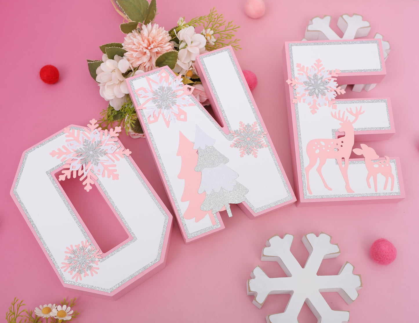 Wooden Snowflakes ONE Decoration - Winter Onederland ONE Sign,Pink Centerpiece Table Decoration, Baby Girl 1st Birthday Party Supplies Photo Prop, Christmas Snowflake Home Decor.