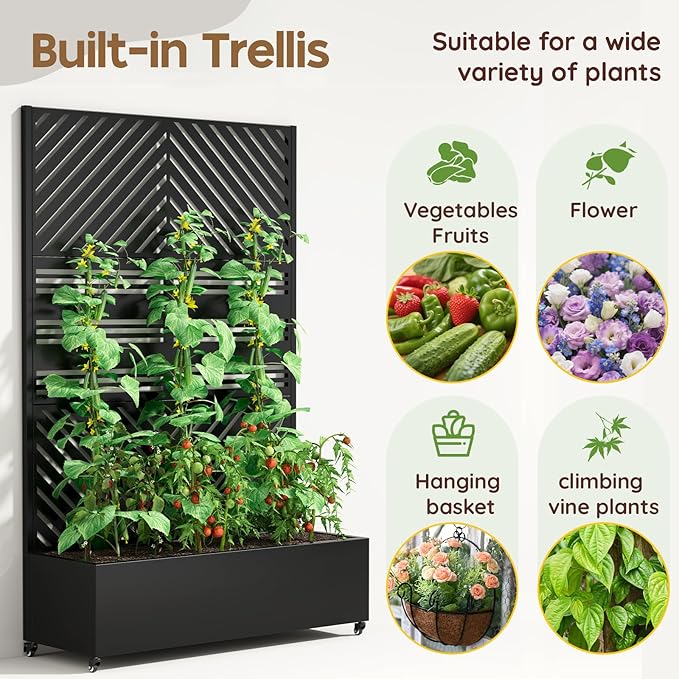 Metal Raised Garden Bed with Trellis & Wheels,72" x 47"x 15.7" Planter Box with Trellis,Privacy Planters for Patio,Garden Bed for Climbing Plants,Suitable for climbing plants and vegetables,Black