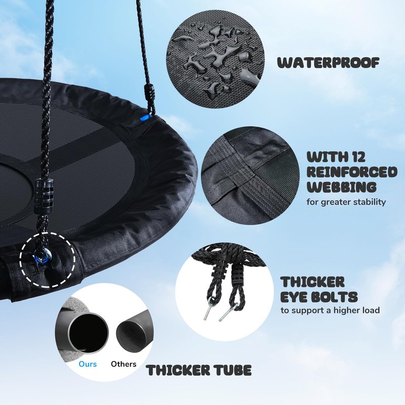 Trekassy 700lb 40 Inch Saucer Tree Swing for Kids Adults Outdoor 900D Oxford Waterproof with 2pcs Tree Hanging Straps, Steel Frame and Adjustable Ropes Black