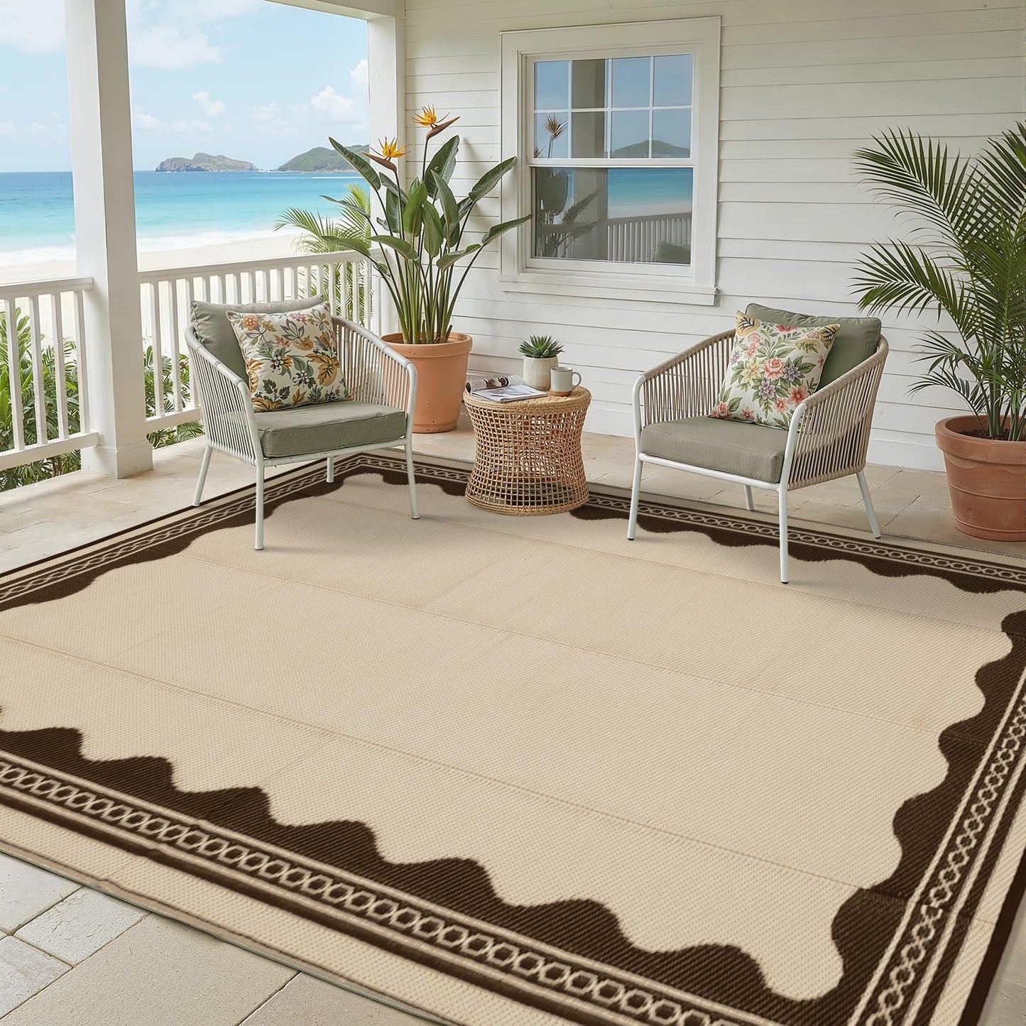Garvee Outdoor Rug 8x10 Scalloped Waterproof Patio RV Outdoor Rugs Reversible Foldable Plastic Straw Rug Modern Camping Carpet for Deck Camper Porch Balcony Backyard Picnic Beach Brown