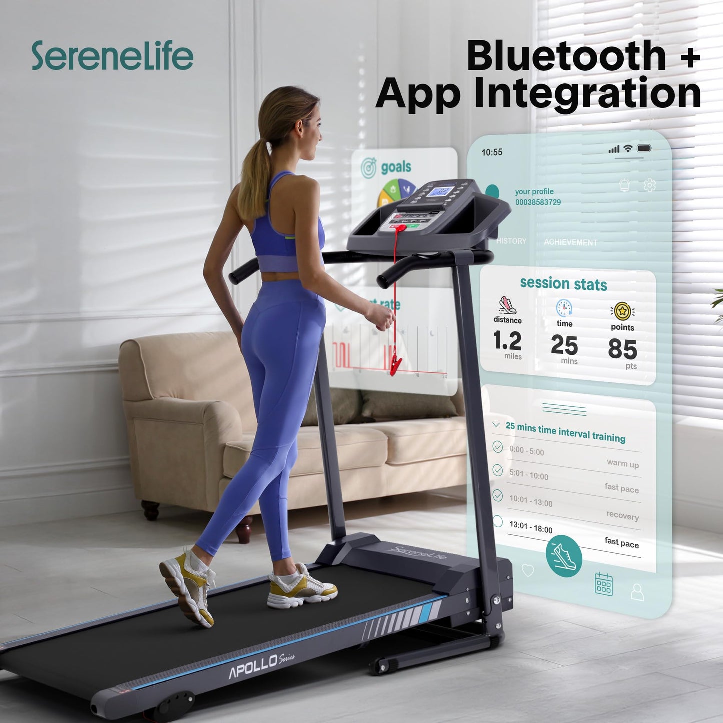 SereneLife - Electric Folding Treadmill Exercise Machine - Smart Compact Digital Workout Fitness Trainer w/ Bluetooth App Sync, Manual Incline Adjustment, For Walking, Running, Gym