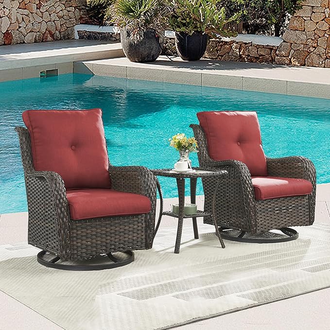 Rilyson Patio Chairs Wicker Outdoor Chair - 6 Piece Rattan Swivel Rocking Chairs Set Patio Glider Rocker Chairs with Glass Top Side Table for Porch Deck Garden Backyard(Brown/Red)