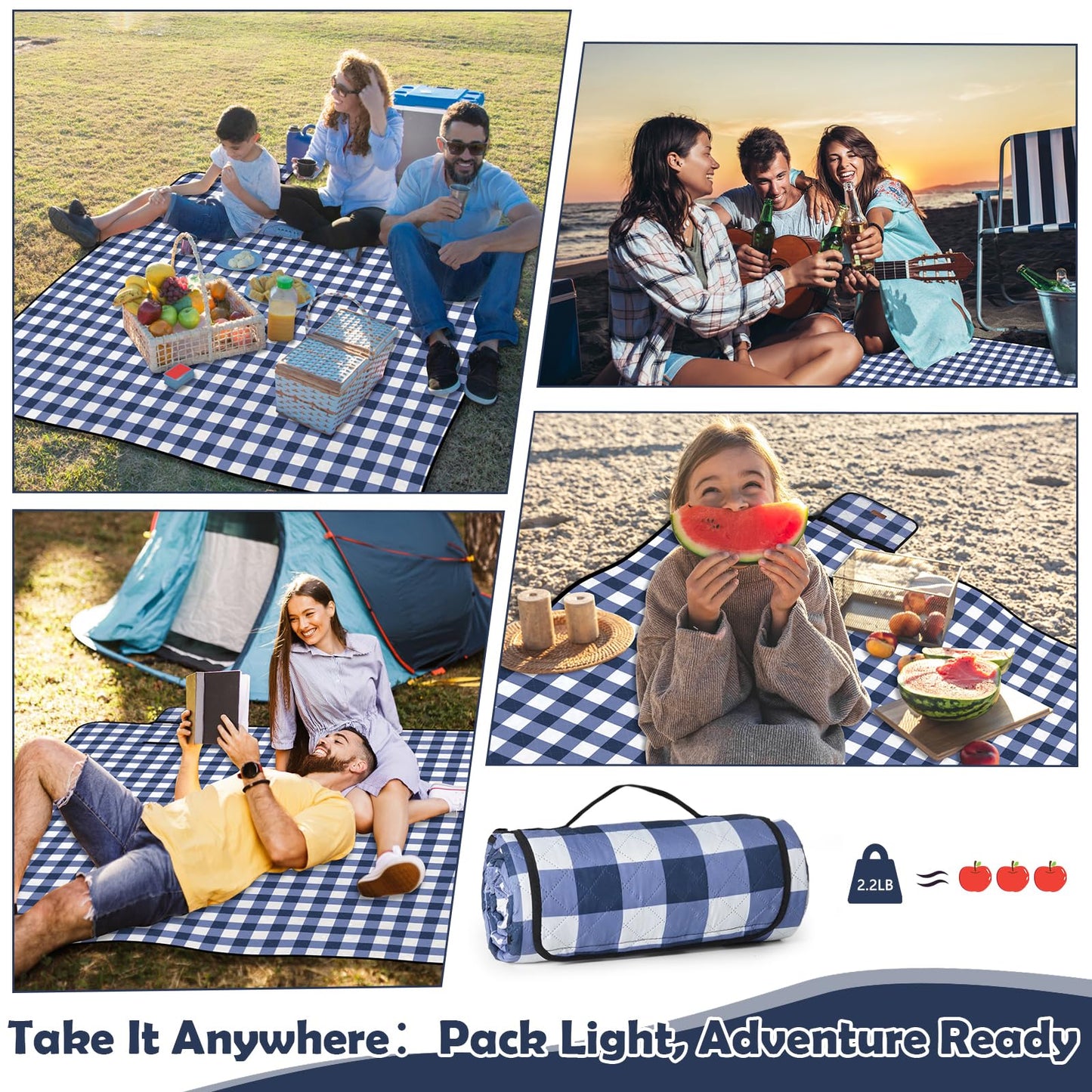 Ergohortus Picnic Blankets Waterproof, Extra Large Picnic Mat 79"X79", Sandproof Washable Camping Beach Blanket, Camping Accessories for Outdoor Activities, Blue