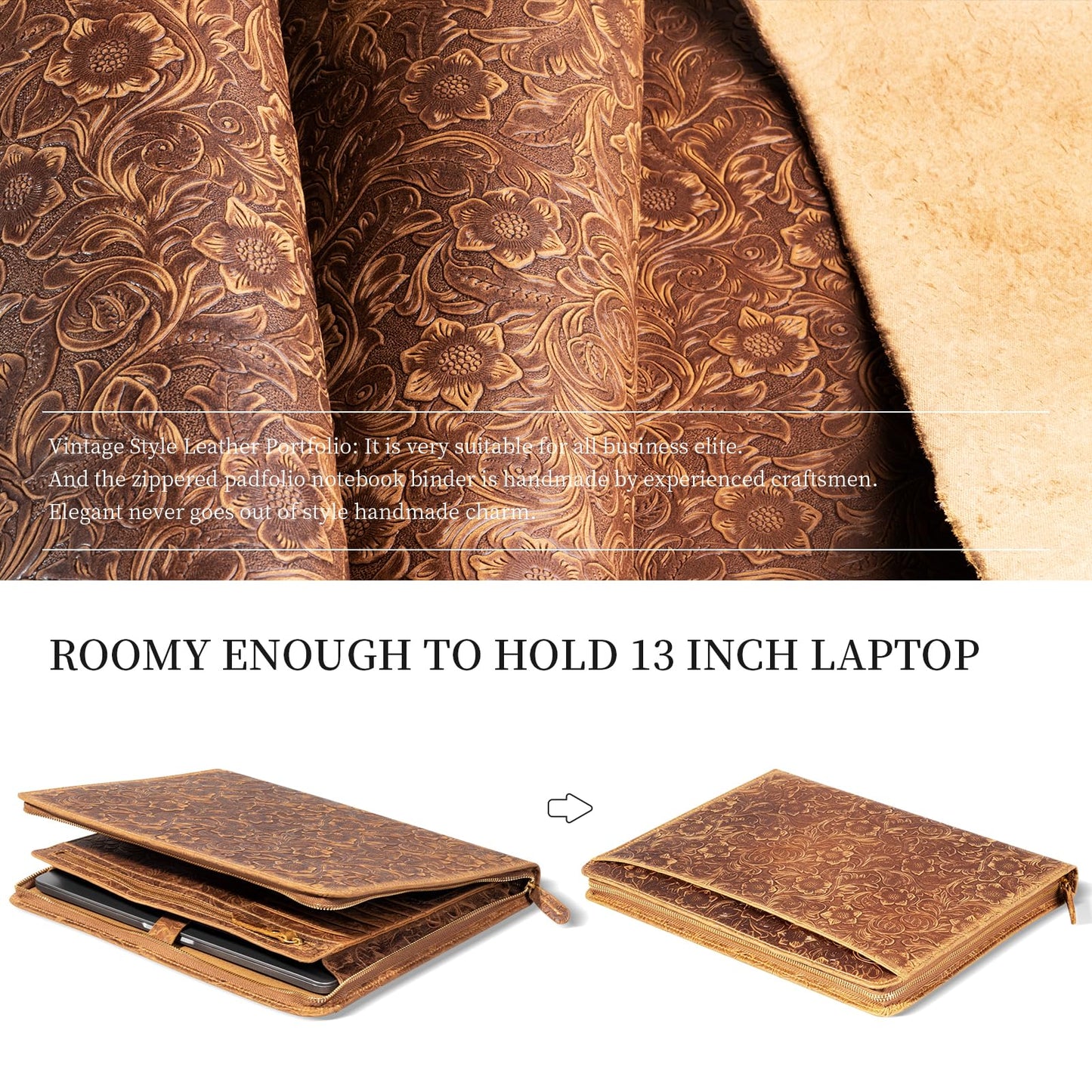 Gexmil Leather Portfolio Organizer for Women Men, Business Padfolio Folder with Zipper, Full Grain Leather,Interview Legal Document File Resume Organizer, A4 Writing Notepad Padfolio, Floral Brown