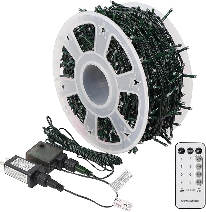LJLNION 1000LED Christmas Lights, Extra Long 328FT Xmas Green Wire Fairy String Lights Plug in Outdoor, Remote Control & 8 Lighting Modes, Waterproof for Wedding Party Bedroom Decorations, White