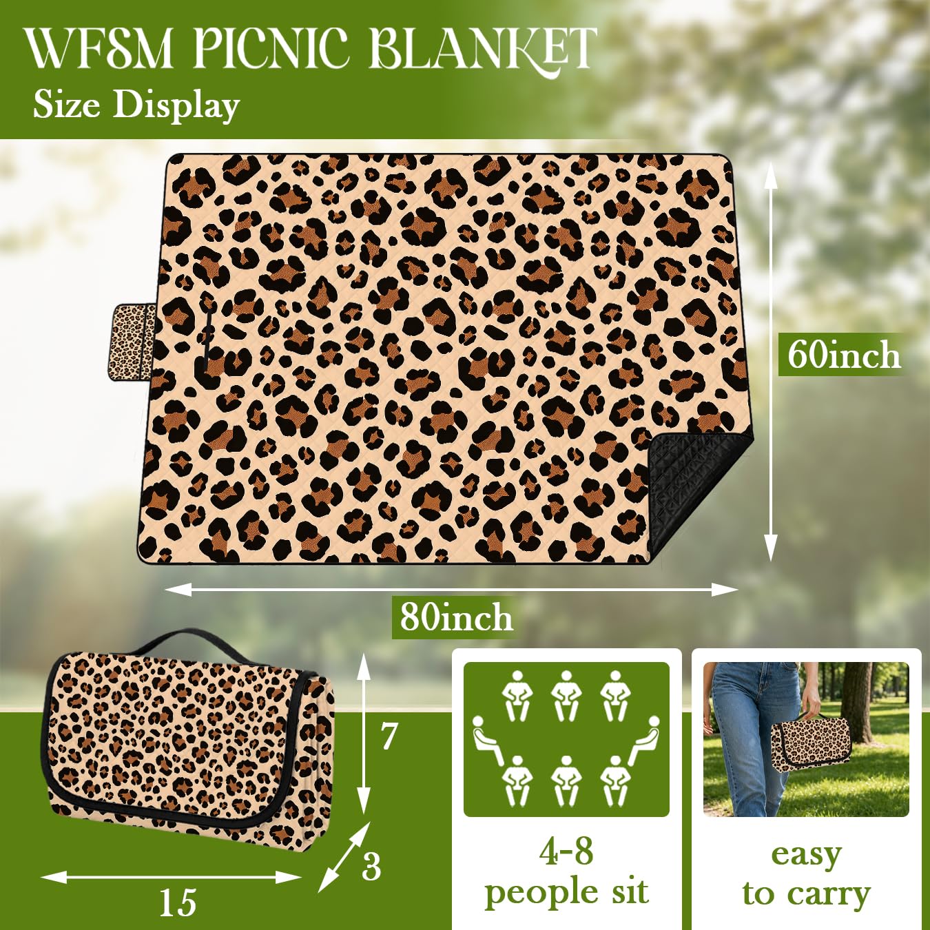 WFSM Leopard Print Picnic Mat 80x60 Inch, Leopard Print for Women, Cheetah Outdoor Play Mat for Adults and Toddlers Waterproof Sandproof Beach Blanket Travel Camping Rug