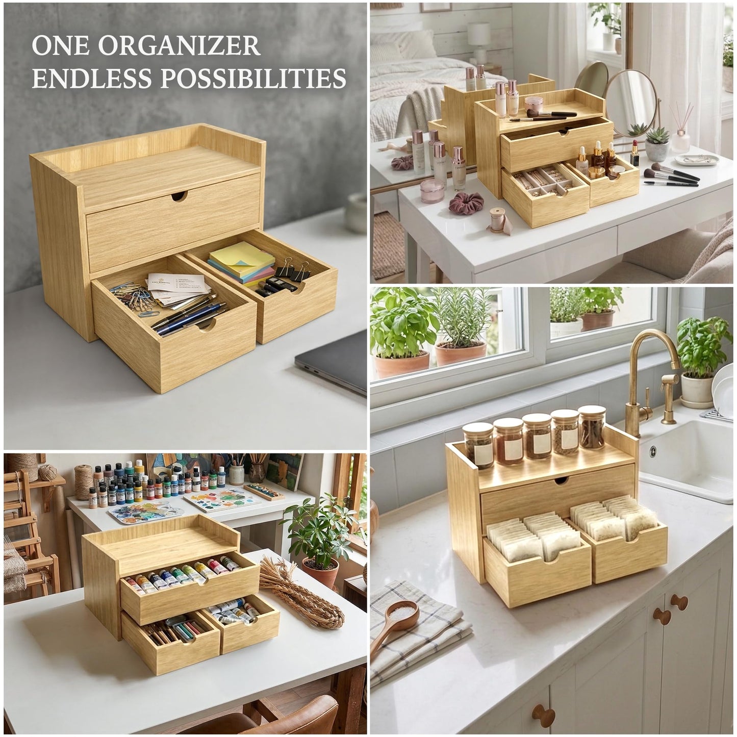 Bamboo Desk Organizer with 3 Drawers and Shelf, Desktop Drawers 13.4 x 7.3 x 8.1 Inches Countertop Storage Box for Office Supplies Makeup Kitchen, Wooden Tabletop Drawer No Assembly Required