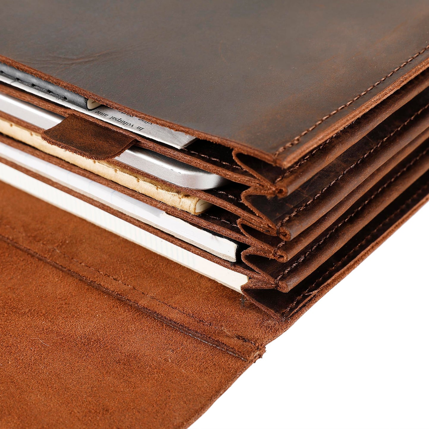 Genuine Leather File Folder, Accordian File Organizer, Leather Document Holder Resume Folio for Men & Women - Dark Brown