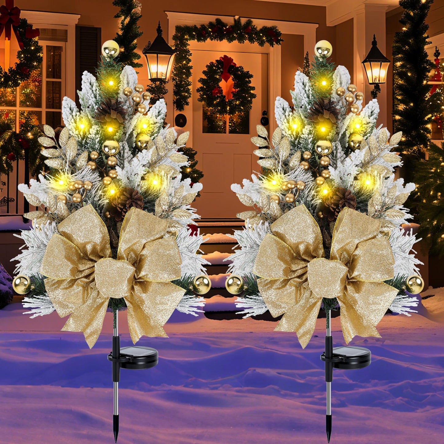 2 Pack Gold Outdoor Pathway Christmas Tree Urn Filler Solar Waterproof Cemetery Xmas Tree Faux Pine Cones Gold Christmas Ball Berry Pathway Light Ornament Stakes for Yard Garden Lawn Walkway Cemetery
