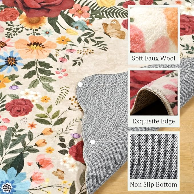 Washable Entryway Small Area Rugs: Door Mat Indoor Entrance 4x6 Floral Rug Ultra Thin Stain Resistant Non Slip Low Pile Lightweight Carpet for Bedroom, Kids Room, Farmhouse Decor (Beige)