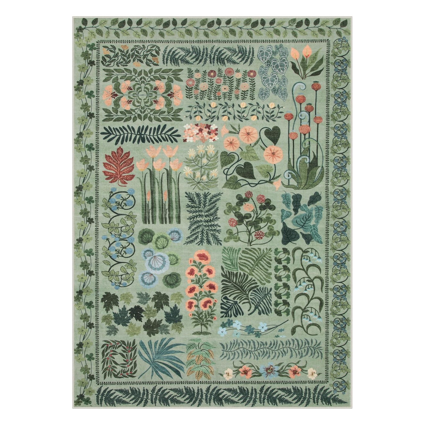 Zealude Floral Boho Washable 5x7 Area Rug for Living Room, Green Botanical Rug for Bedroom Dining Room Low Pile Non Slip, No Shed Large Carpet for Home Office Decor