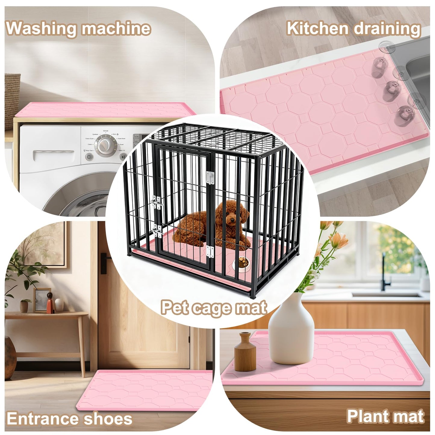 Silicone Cat Litter Mat, 34“ x 22” Waterproof Cat Litter Mats for Floors, Raised Edges Prevent Leaks and Make Cleaning Easy (Pink)