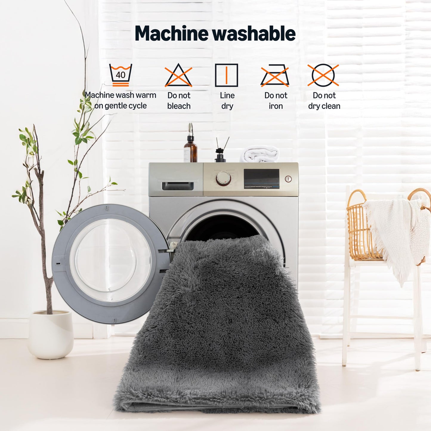 Amazon Basics Fluffy Washable Area Rug, Shaggy Carpet for Living Room, Bedroom, 4' W × 6' L, Dark Gray