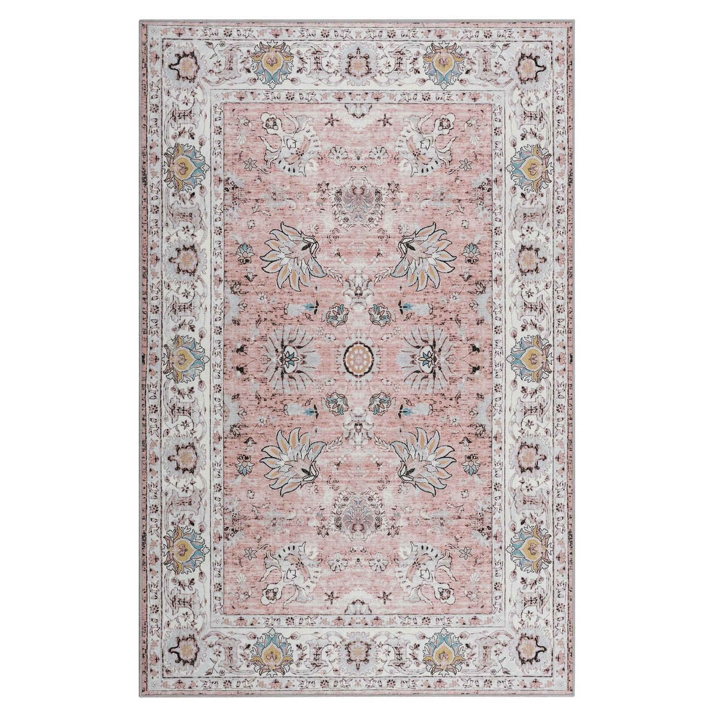 ULTSOFE Machine Washable Rug 4x6 Boho Area Rug, Pink Rugs for Bedroom Girls Bedside Living Room Dining Room Office, Anti Slip Low-Pile Stain Resistant Printed Vintage Floral Carpet Rugs