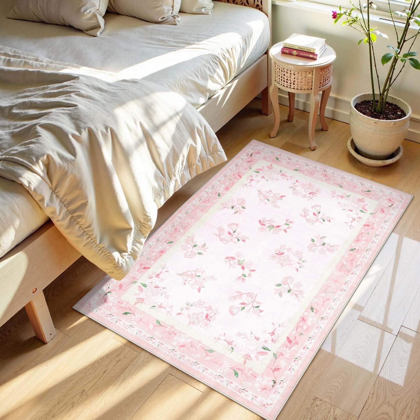 LIVEBOX Floral Pink Washable Entryway Rug, 2x3 Boho Bathroom Rugs Non Slip Soft Bedroom Accent Rug, Ultra Thin Flower Small Throw Rugs for Entryway Indoor Door Mat for Kitchen Bedside, Pink