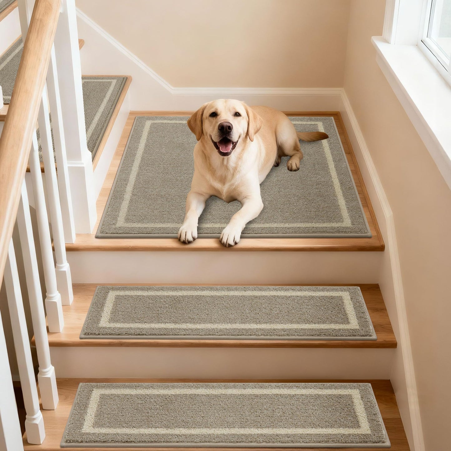 COSY HOMEER Stair Landing Rug 30x30 Inch, Non-Slip Square Landing Mat for Wood Steps Indoor, Washable Polyester with TPE Backing, Beige
