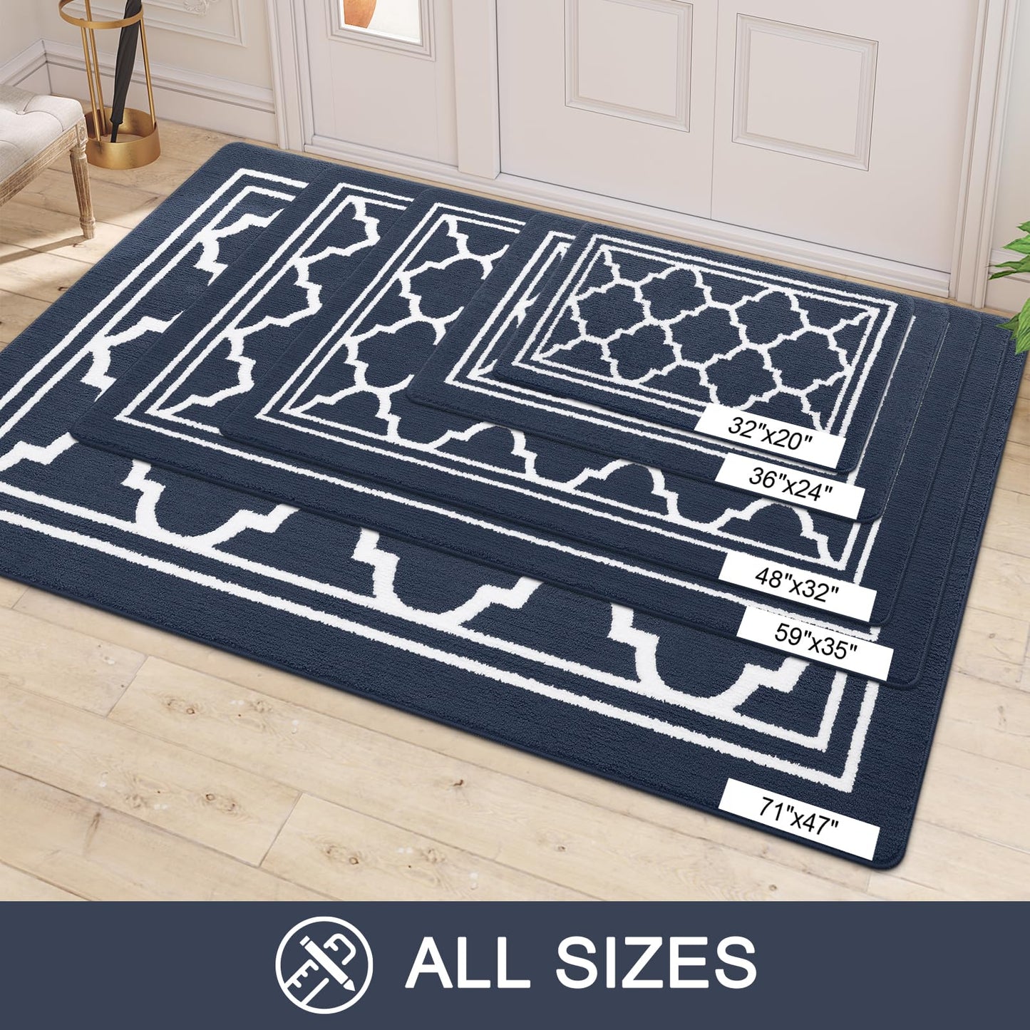 Buganda Indoor Door Mat, Dirt-Resistant and Absorbent Doormat, Anti-Slip, Low Profile Floor Mats for Inside Entryway, Front, and Back Door Entrance (32x20 Inches, Navy Blue)