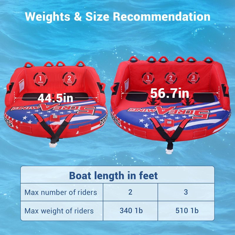 ZOOMBROS Towable Tubes for Boating 2-3 Person, Front/Back Tow Points Sofa Style Boat Tubes and Towables, Holds 340-510 lbs Large Capacity, Premium Nylon Cover for Adults