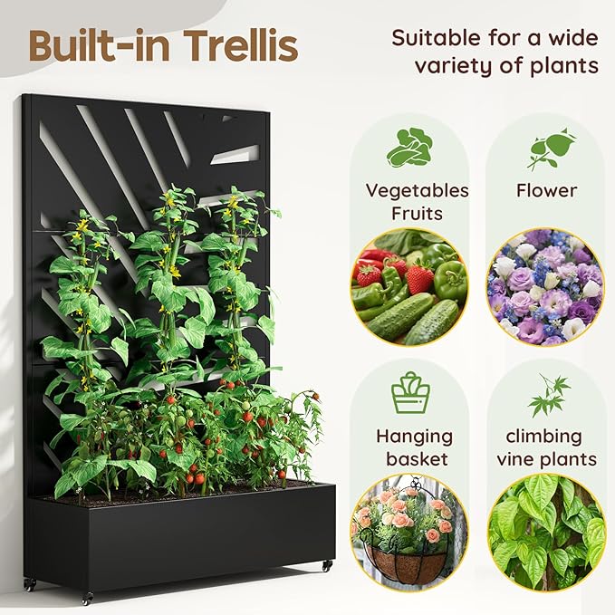 Metal Raised Garden Bed with Trellis & Wheels,72" x 47"x 15.7" Planter Box with Trellis,Privacy Planters for Patio,Garden Bed for Climbing Plants,Suitable for Climbing Plants and Vegetables,Black