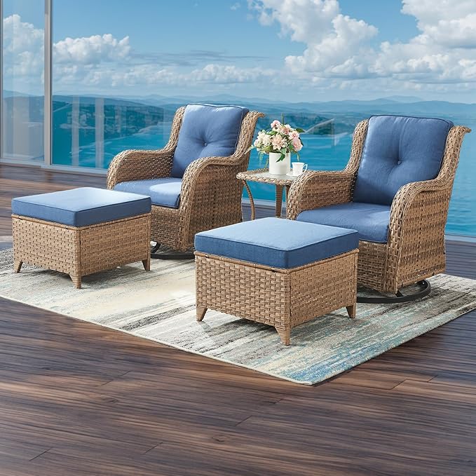 Rilyson Patio Furniture Swivel Chairs Set - 5 Piece Rattan Wicker Outdoor Sectional Conversation Sets with 2 Swivel Rocking Chairs,2 Ottomans and 1 Side Table for Porch Deck Garden(Yellow/Blue)