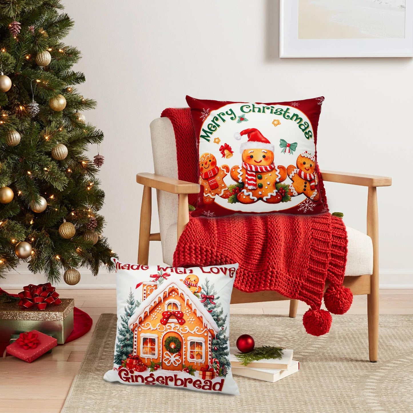 Mocsicka Christmas Gingerbread House Pillow Covers 18Γ18 Inch, Gingerbread Man House Bakery Throw Pillow Covers Xmas Holiday Cushion Case for Sofa Couch Bed Home Decorations Set of 4