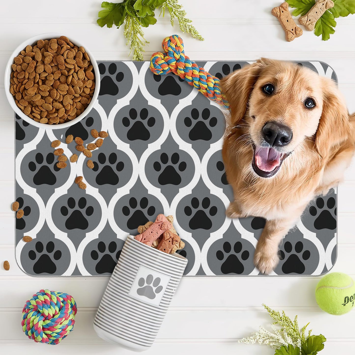 Gray Paw Print Geometric Dog Cat Food Mat,Absorbent Pet Feeding Mat for Food and Water,Non-Slip Dog Bowl Mats Floor Protector 12"x20"