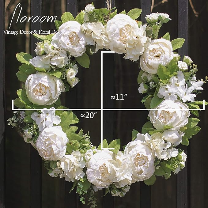 Floroom Floral Wreath, 20" Artificial White Peony Hydrangea Wreath for Front Door Wedding Decorations Wall Decor