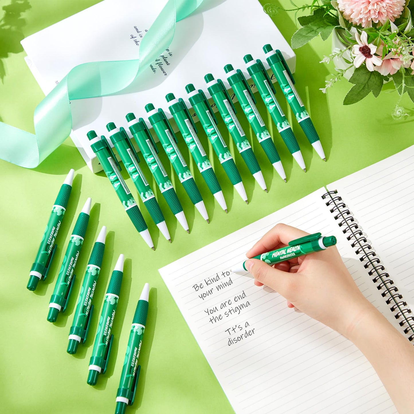 Lincia 50 Pcs Mental Health Awareness Items Green Ribbon Message Pens World Mental Health Day Retractable Ballpoint Pen for School Nonprofit Organization Charity Classroom Supply 1.0 mm Black Ink