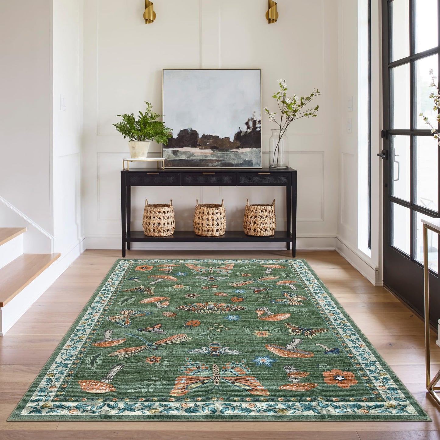 ROYHOME Mushroom Washable Rug 5x7 Area Rugs for Living Room, Insect Print for Bedroom, Non Slip Throw Rugs with Rubber Back, Soft Low Pile Dining Room Carpet for Under Table, Green
