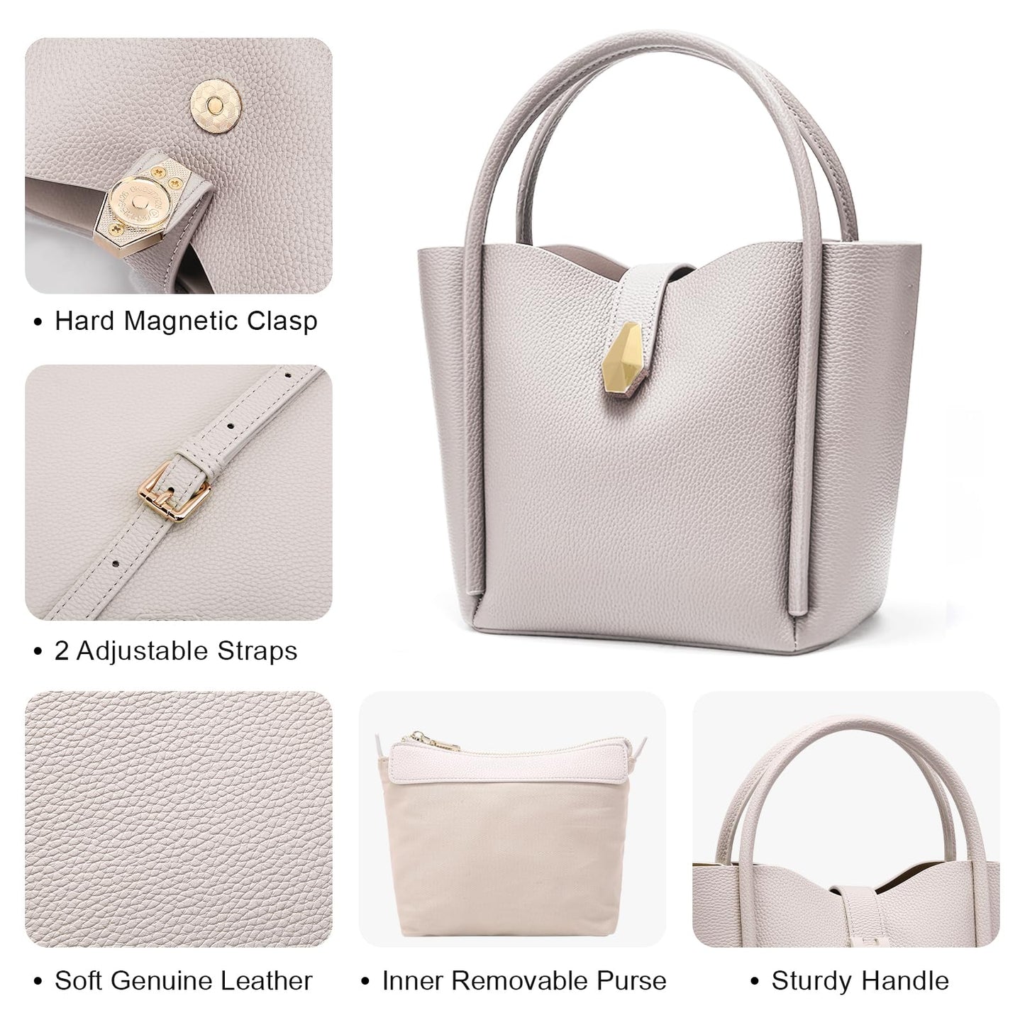 hedexe Leather Bucket Bags for Women: Designer Genuine Leather Tote Shoulder Purse - Fashion Ladies Satchel Handbag (Beige)