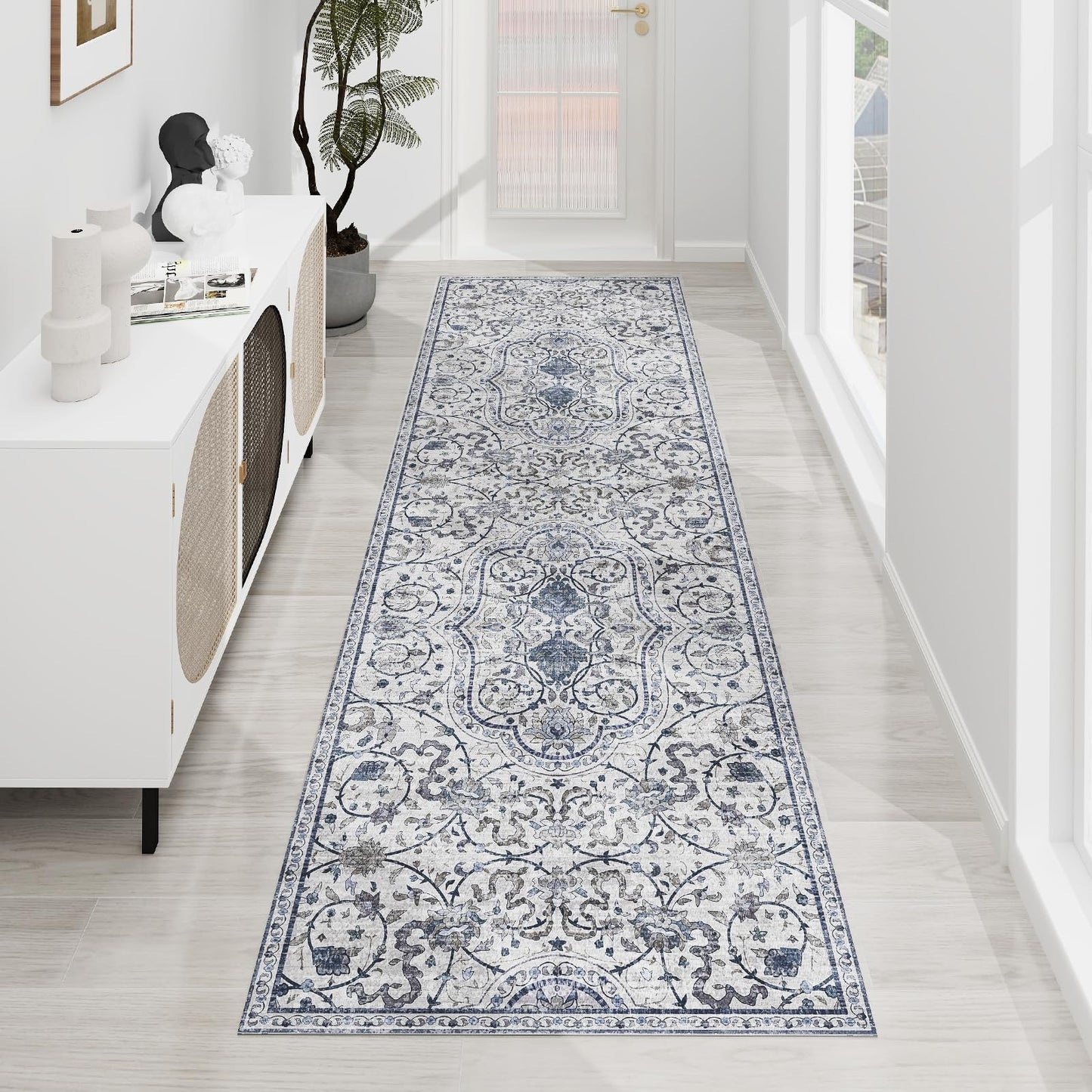 SALLOUS Floor Mat for Home, 5' x 7' Waterproof Area Rug for Living Room, Vinyl Area Rug for Bedroom, Slip Resistant Hard Floor Protector Mat for Kitchen, Bathroom, Entryway (Grayish Blue Bohemian)