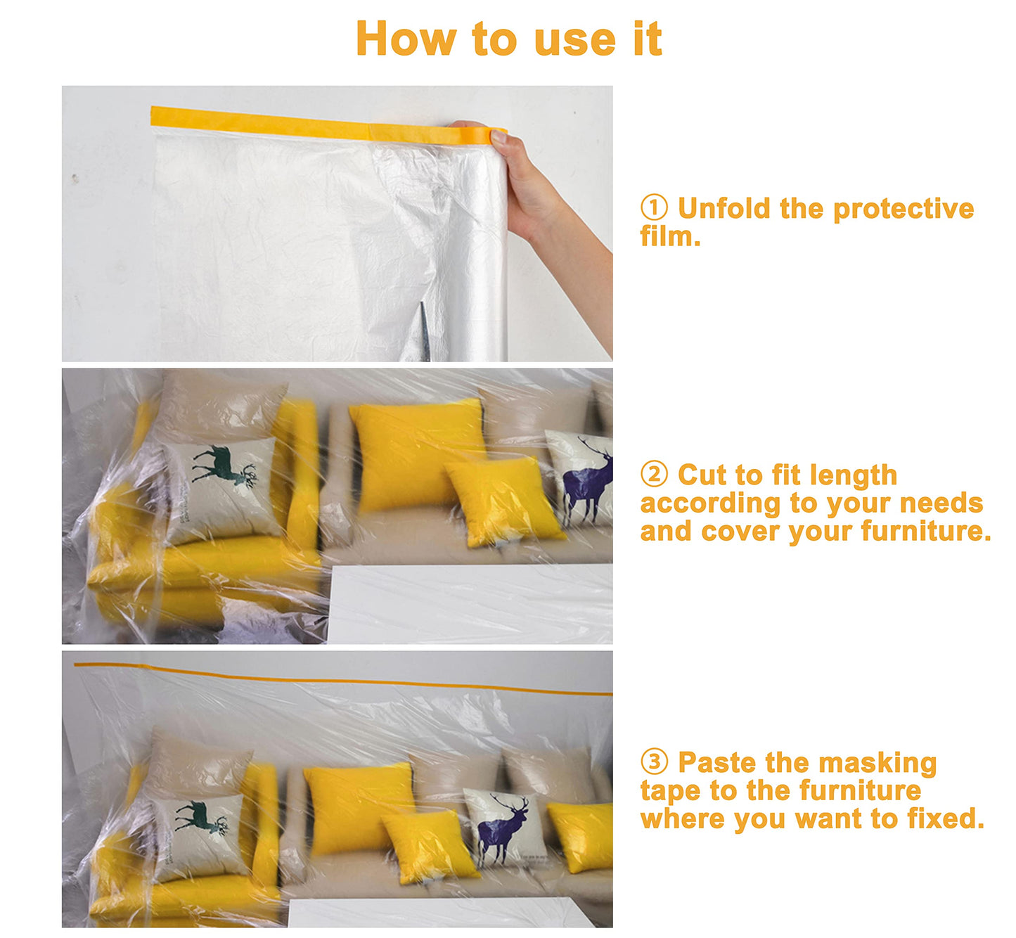 Muf 9 x 65 Feet Plastic Drop Cloth Plastic Sheeting with Masking Tape,Waterproof Protective Masking Film,Prevent Dust Paint for Car,Furniture,Carpet,Floor,1 Pack