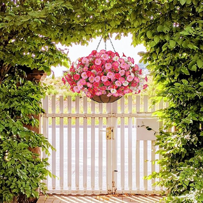 8 Pcs Artificial Hanging Flowers for Outdoor, Fake Silk Petunias Plants Arrangement, for Spring Summer Outdoor Decoration, UV Resistant, Morning Glorias, for Home Garden Decor (Dark Pink&White)