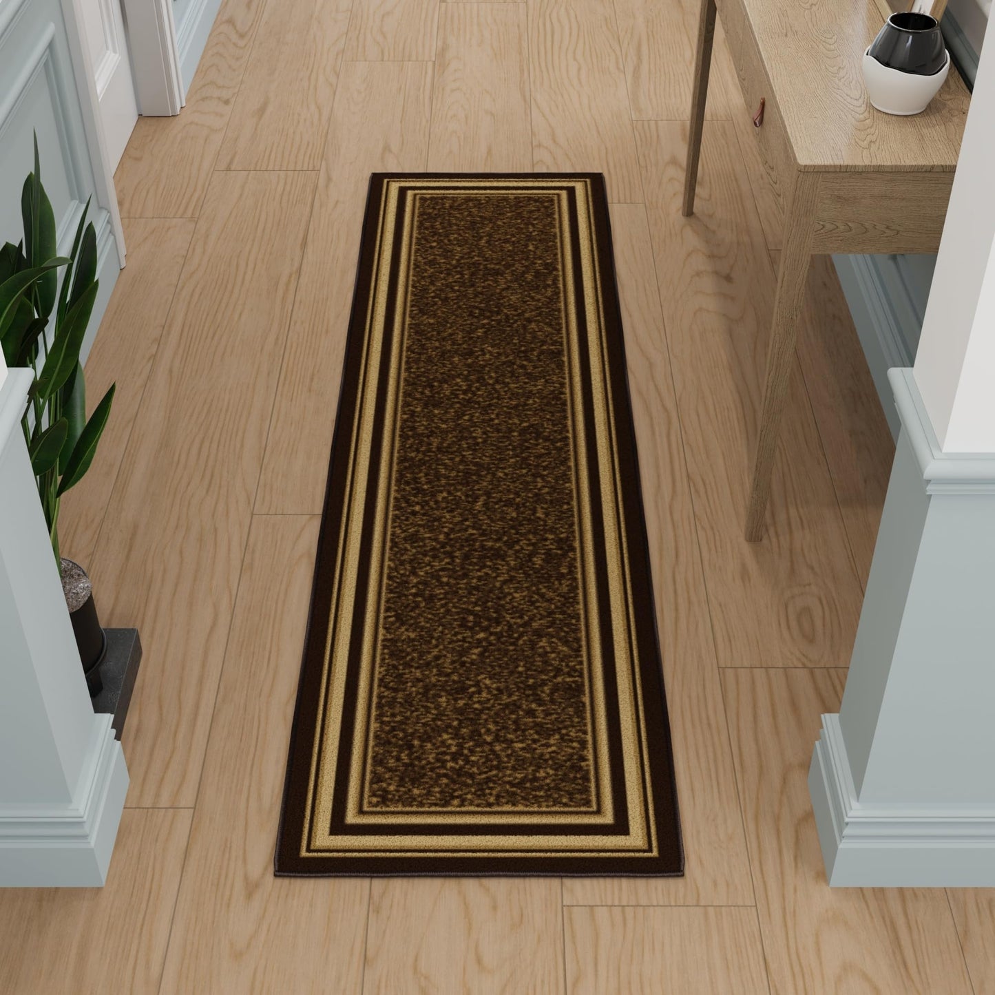 Ottomanson Runner Rug 1'10" x 6' – Non Slip Rubber Backed Kitchen Rug for Sink Area, Hallway Carpet Runner, Low Pile Indoor Runner Rug for Laundry Room and Entryway, Border Brown