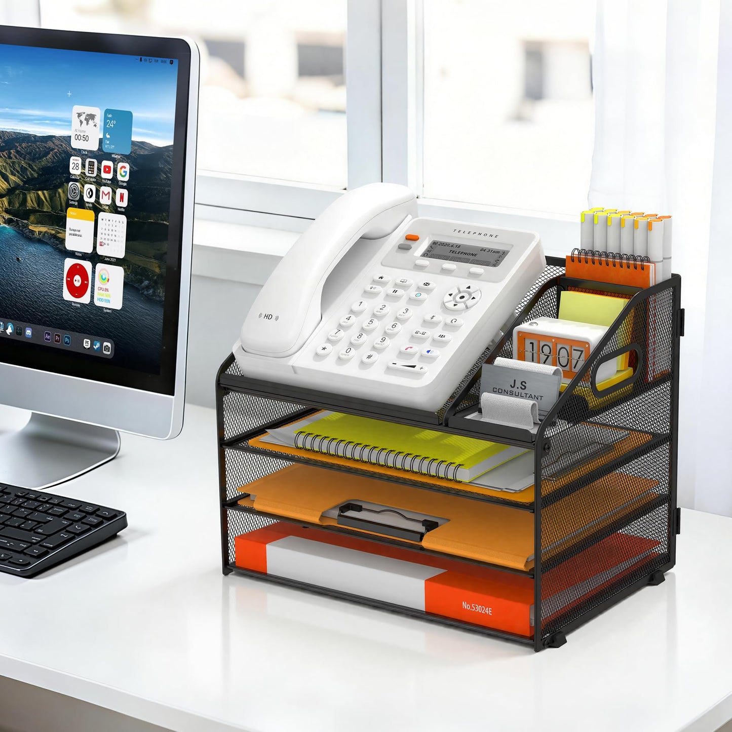 DocNest 4 Tier Metal Mesh Letter Tray - Space Saving Desk File Organizer with Handle, Pen Holder & Folder Holder - Desktop Document Sorter for Office, Home, School, Classroom - Black