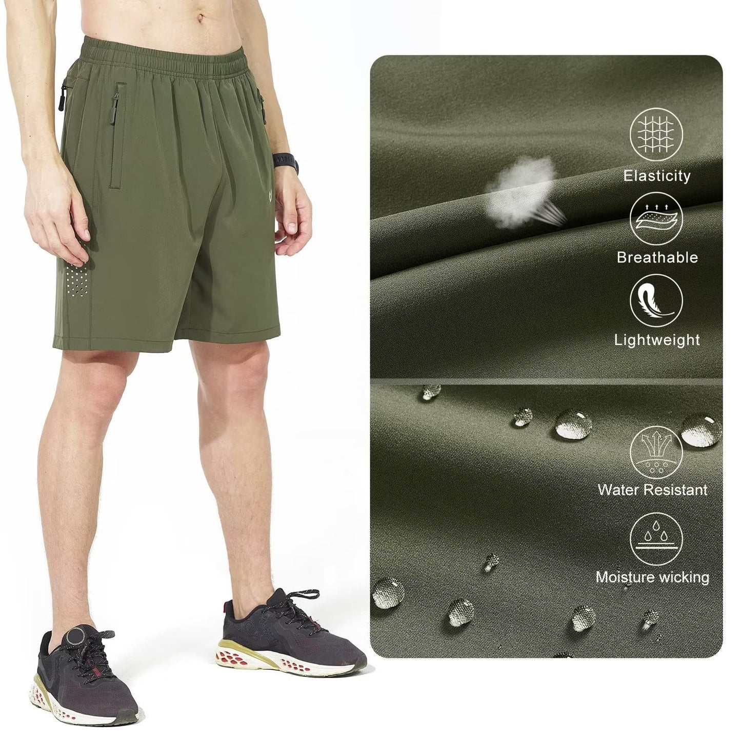 NORTHYARD Men's Athletic Running Shorts Gym Workout 7"/9"/5" Quick Dry Lightweight Sports Basketball Tennis 3 Zipper Pockets ArmyGreen L