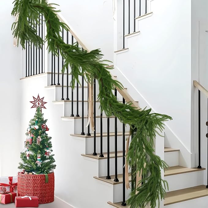6FT Christmas Norfolk Pine Garland, Realistic Greenery Artificial Garland for Indoor Outdoor Door Porch Fireplace Wall Staircase Holiday Christmas Decor
