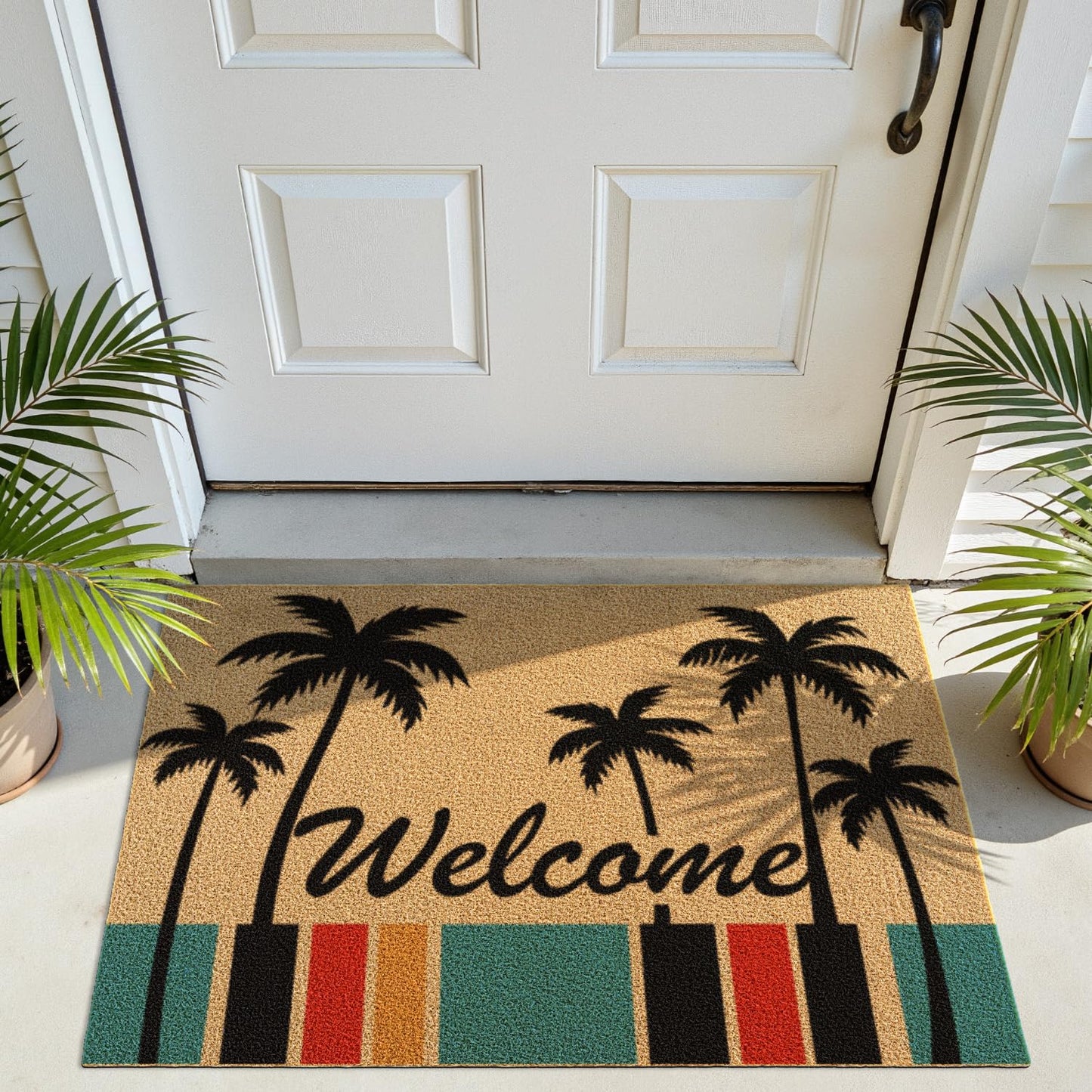 DEXI Front Door Mat Outside Entrance, 2x3 Heavy Duty Welcome Entry Summer Tropical Plant Doormat, Non Slip Entryway Floor Dirt Trapper for Porch Patio, Coconut Tree