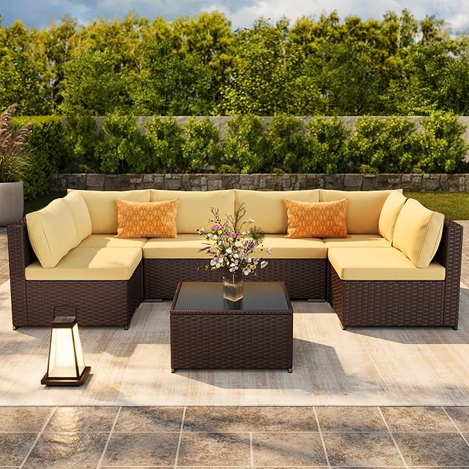 Ahomly 7-Piece Patio Furniture Set, Outdoor Sectional Couch with Water-Resistant Cushions & Coffee Table, PE Rattan Outdoor Patio Sofa Set for Backyard, Deck, Garden, or Porch, Beige