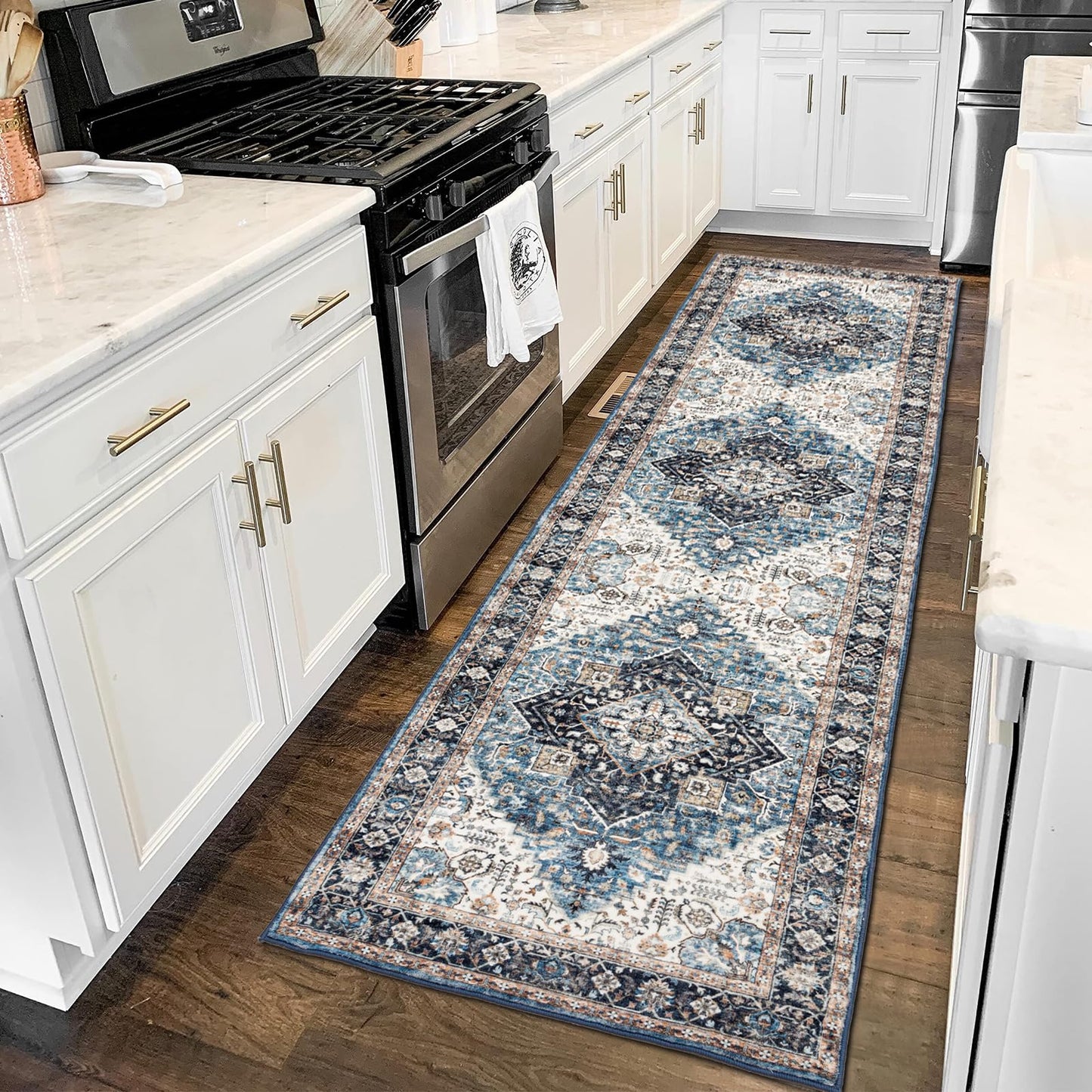Domitapis Runner Rug 2×8, Vintage Boho Rug,Ultra-Soft Low Pile, Washable, Non Slip,Stain Resistant Printed Carpet for Hallway Kitchen Living Room Bedrooms Playroom Office, Blue/Navy
