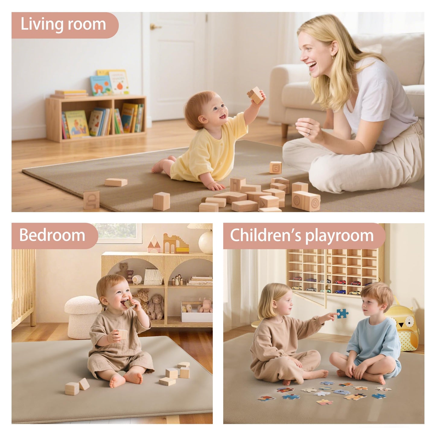 PapaMama 1.3" Thick Plush Baby Crawling Mat, 50x50 Playpen Mat, Ultra Soft Foam Play Mats for Baby, Water-Repellent Coral Velvet for Tummy Time, Nursery Rug with Non-Slip Backing, Non Toxic Suitable Toddlers(Beige)