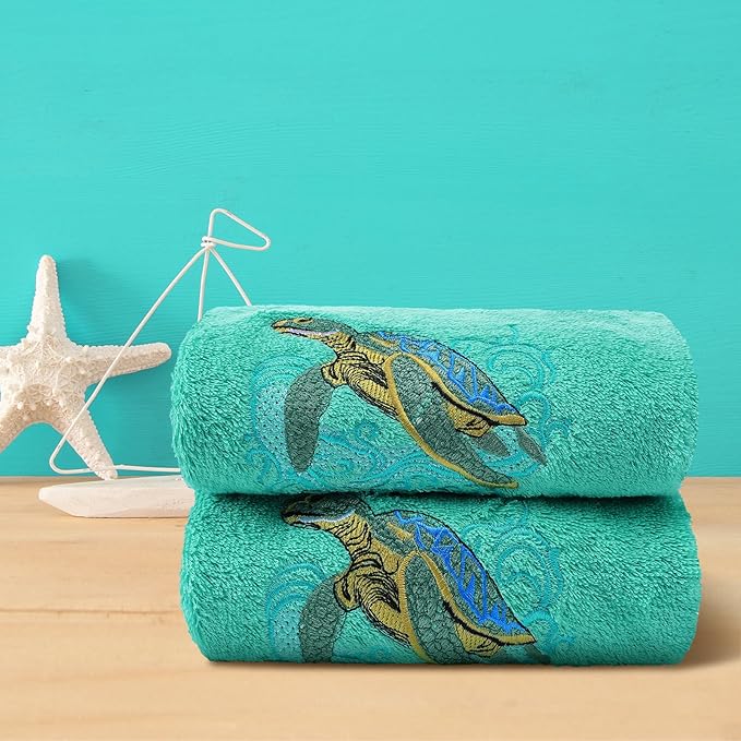 2 Pcs Sea Turtle Hand Towels Teal Bathroom Decor 14x29 Inch Embroidered 100%
