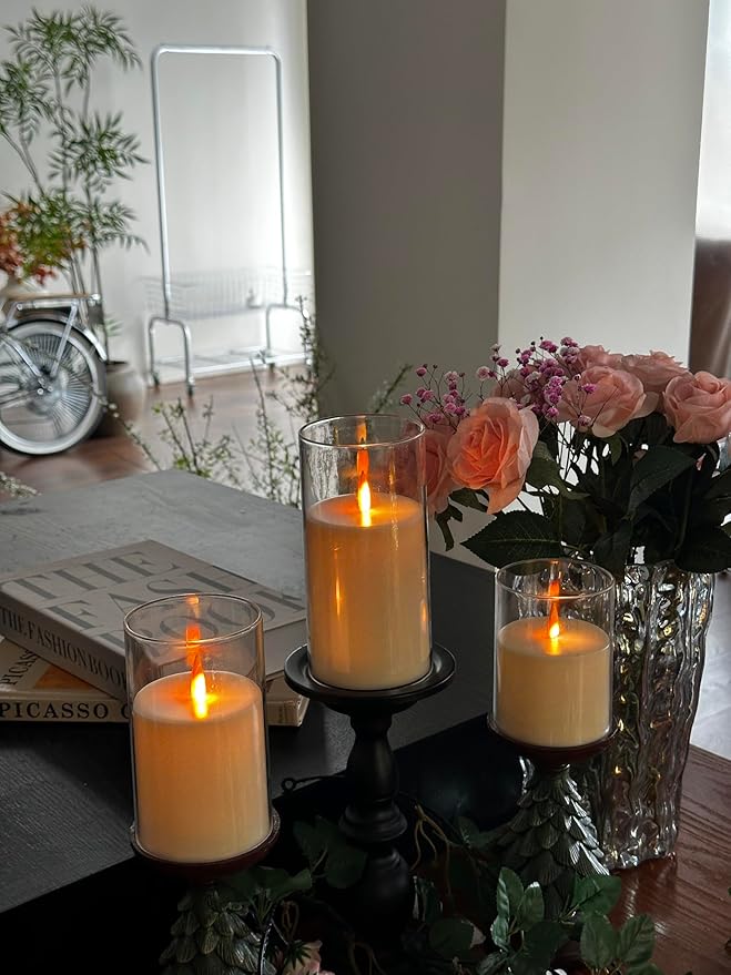 Upinmz Gold Acrylic Flameless Candles with Remote Control and Timers,Battery Operated Candles,LED Pillar Candles with Dancing Flame ,for Home Decorations ,Set of 3