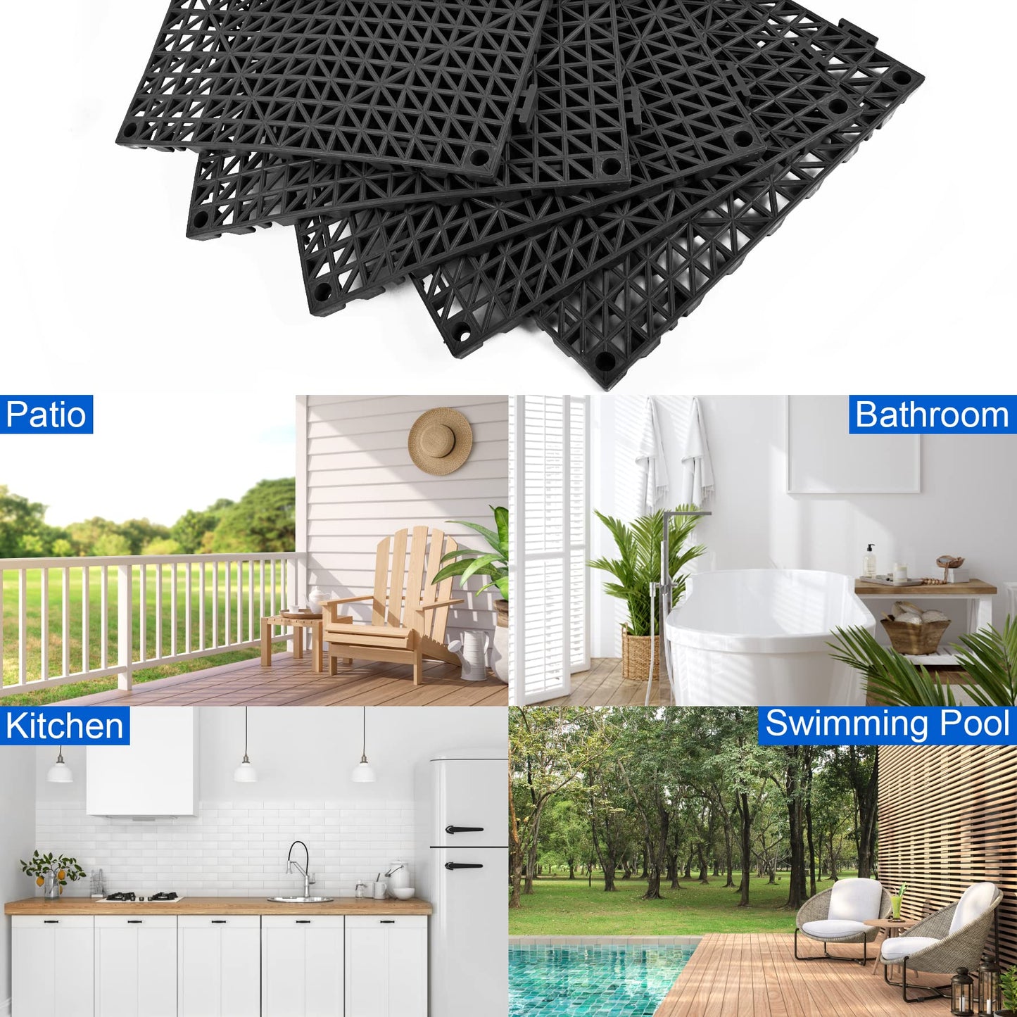 MYFAMIREA Modular Interlocking Cushion 12 Pack 11.8" x 11.8" Rubber Floor Tiles Non-Slip Splicing Drainage Mats for Deck, Pool, Outdoor Shower, Patio, Balcony, Indoor Bathroom, Kitchen, Yard (Black)