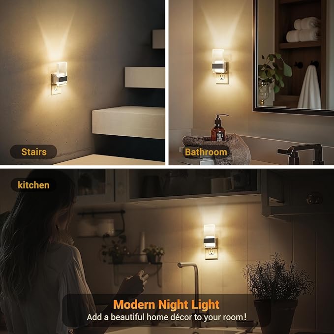 JandCase Night Lights Plug into Wall, Dusk to Dawn Sensor, 3000K Soft White LED, Acrylic Design, 0-100lm Adjustable Brightness, for Bedroom, Bathroom, Living Room, Hallway
