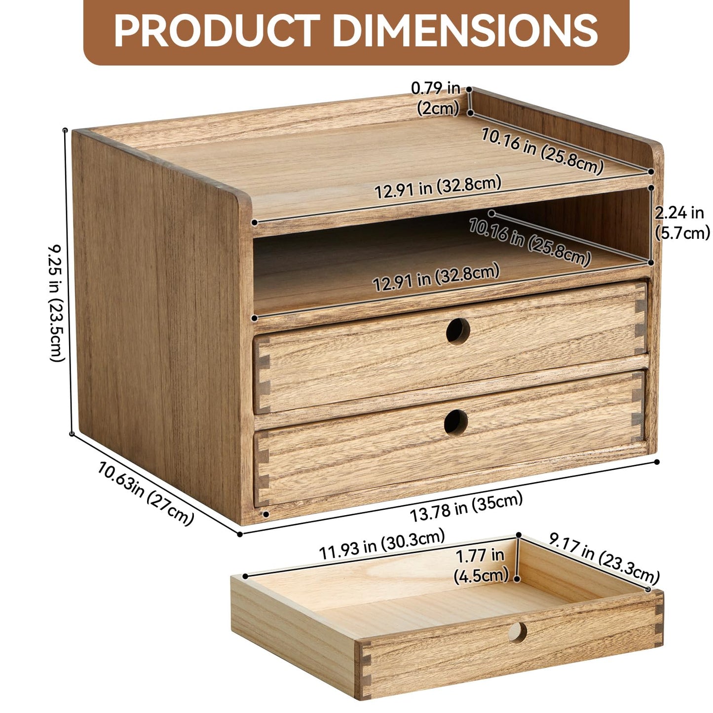 KIRIGEN Desktop Organizer Cabinet With 2 Drawers & Tray - Wood Office Desk Storage Shelf for Office Supplies - Small Cabinet for Countertop Accessories Storage 3 Layer Dark Brown(DT3D2C-DBR)